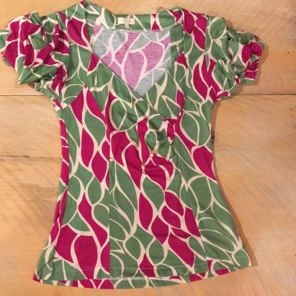 Anthropologie like 🆕green/pink faux wrap top sz 2